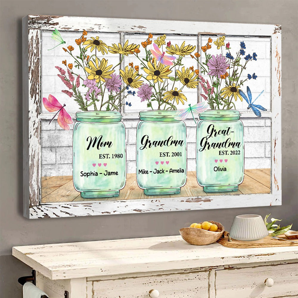 Personalized Mom Grandma And Great Grandma Flower Vase Poster Canvas