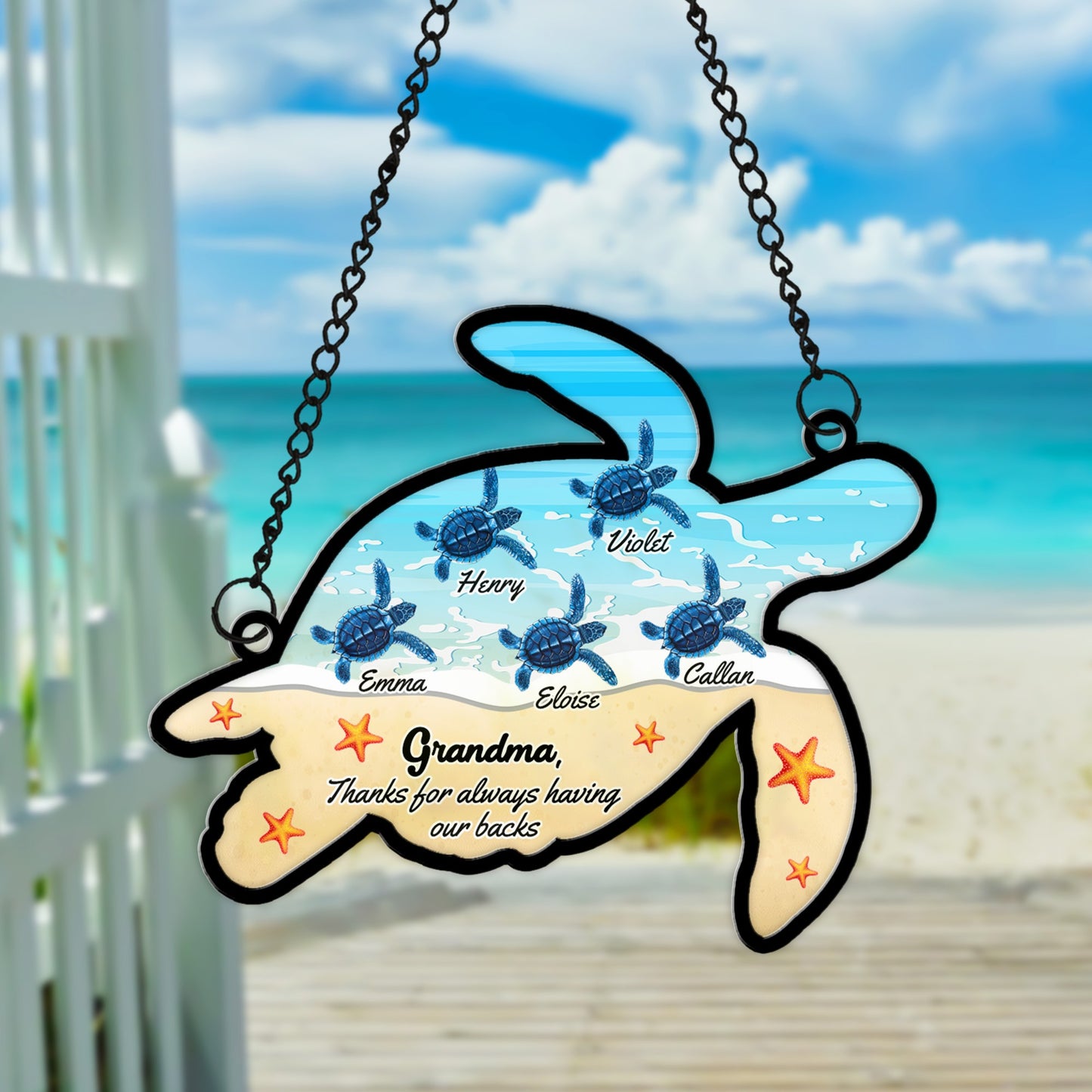 Personalized Mom Or Grandma Sea Turtle Thanks For Having Our Backs Hanging Suncatcher Ornament