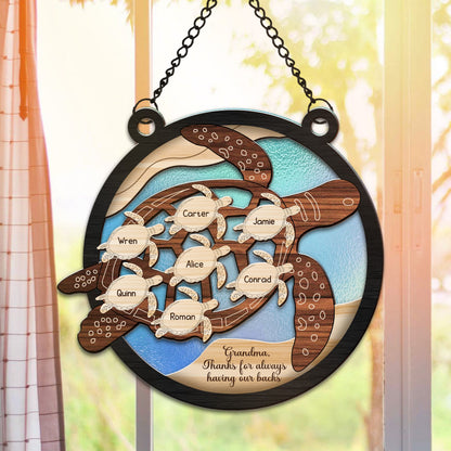 Personalized Mom Or Grandma Sea Turtle Thanks For Having Our Backs Hanging Suncatcher Ornament