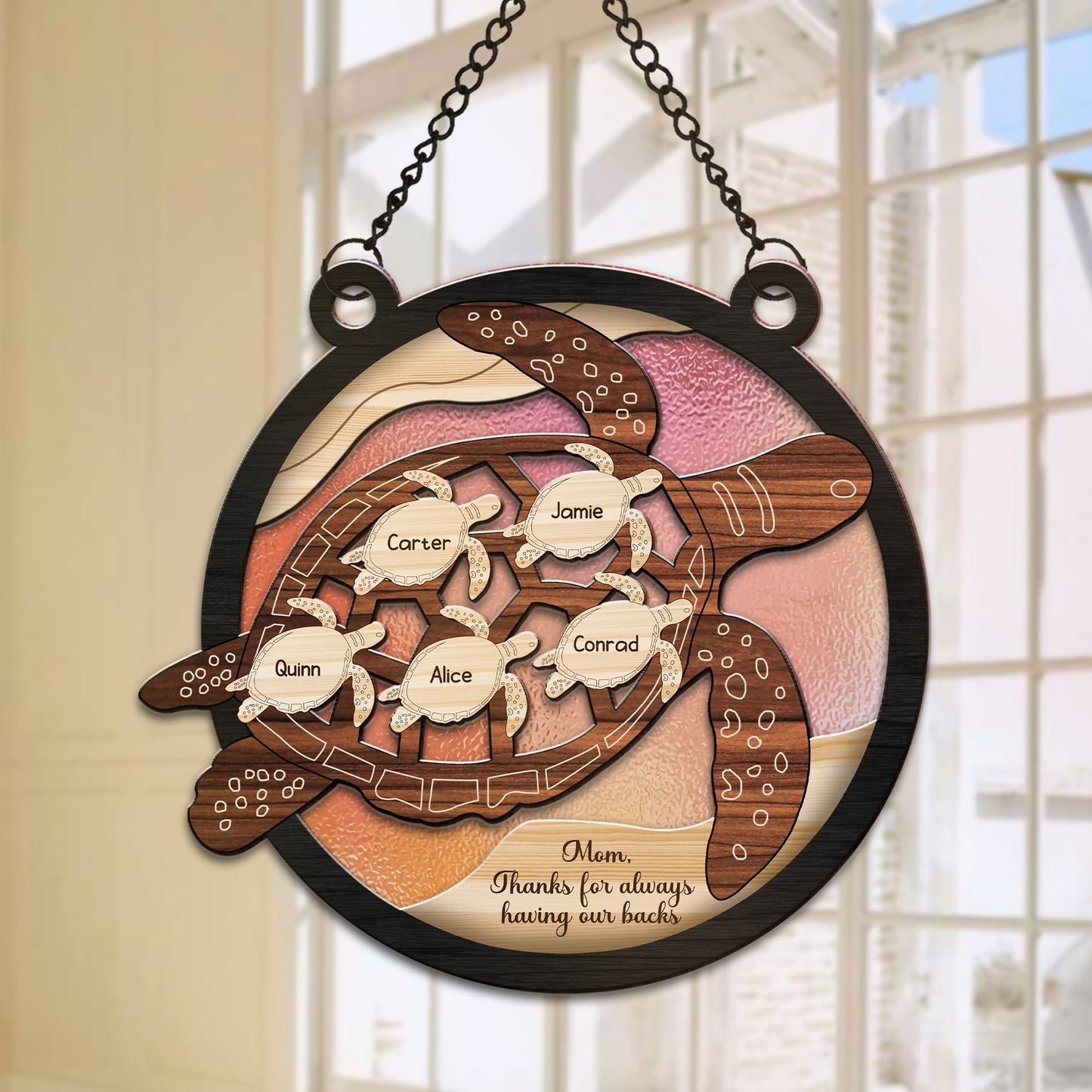 Personalized Mom Or Grandma Sea Turtle Thanks For Having Our Backs Hanging Suncatcher Ornament