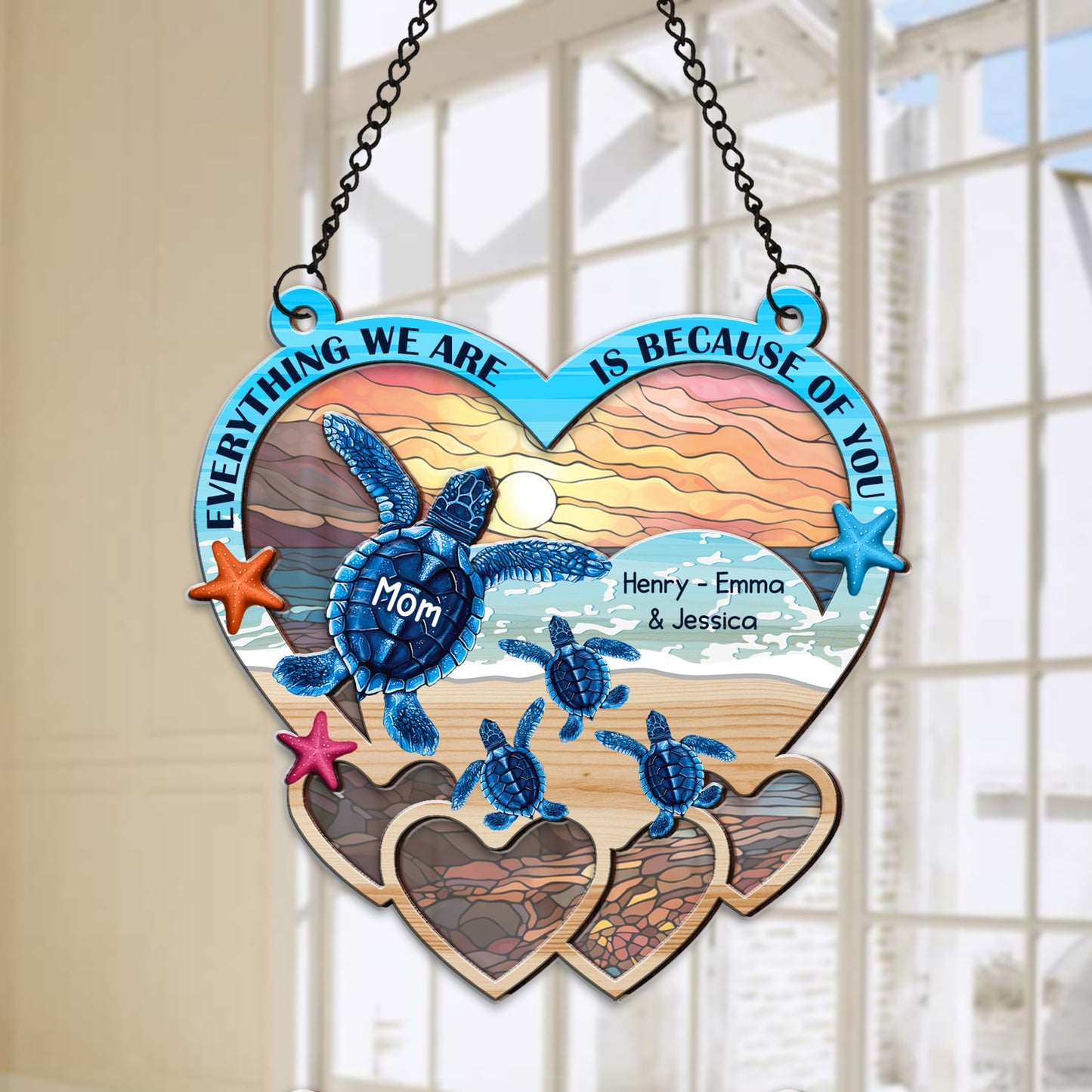 Personalized Mom Sea Turtle Everything We Are Is Because Of You Hanging Suncatcher Ornament