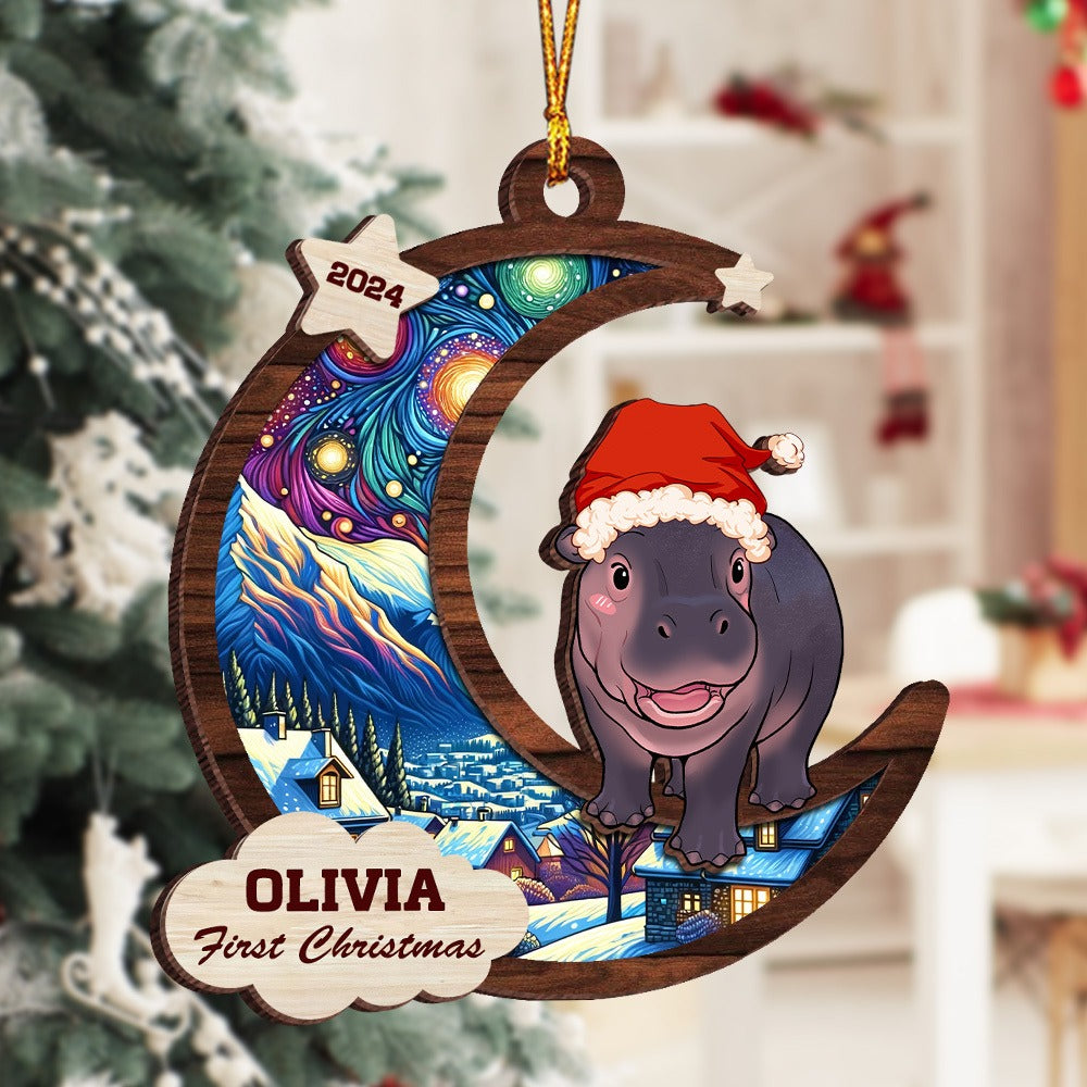 Personalized Moo Deng Cute Baby Hippo First Christmas 2024 2-Layer Wooden Ornament