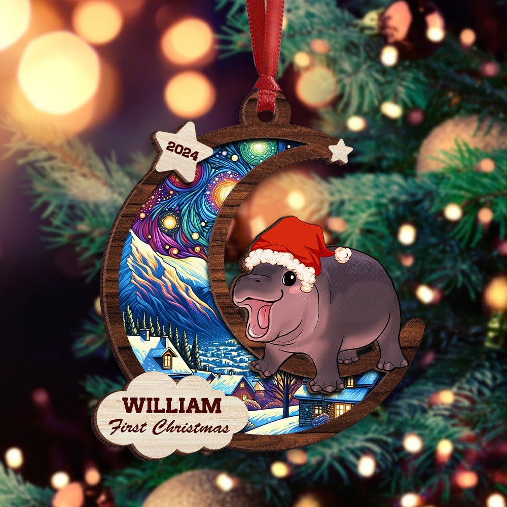 Personalized Moo Deng Cute Baby Hippo First Christmas 2024 2-Layer Wooden Ornament