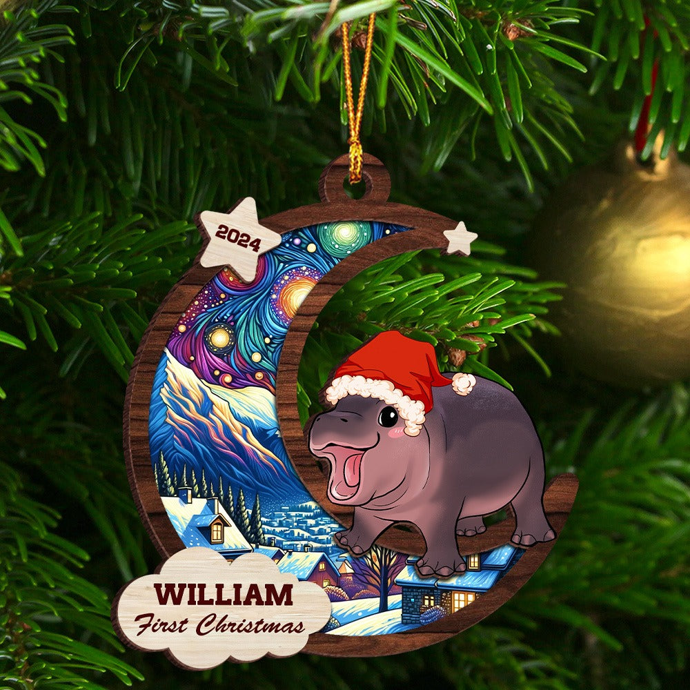 Personalized Moo Deng Cute Baby Hippo First Christmas 2024 2-Layer Wooden Ornament