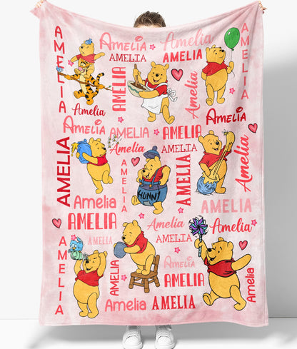 Personalized Name Watercolor Winnie The Pooh Bear Baby Blanket