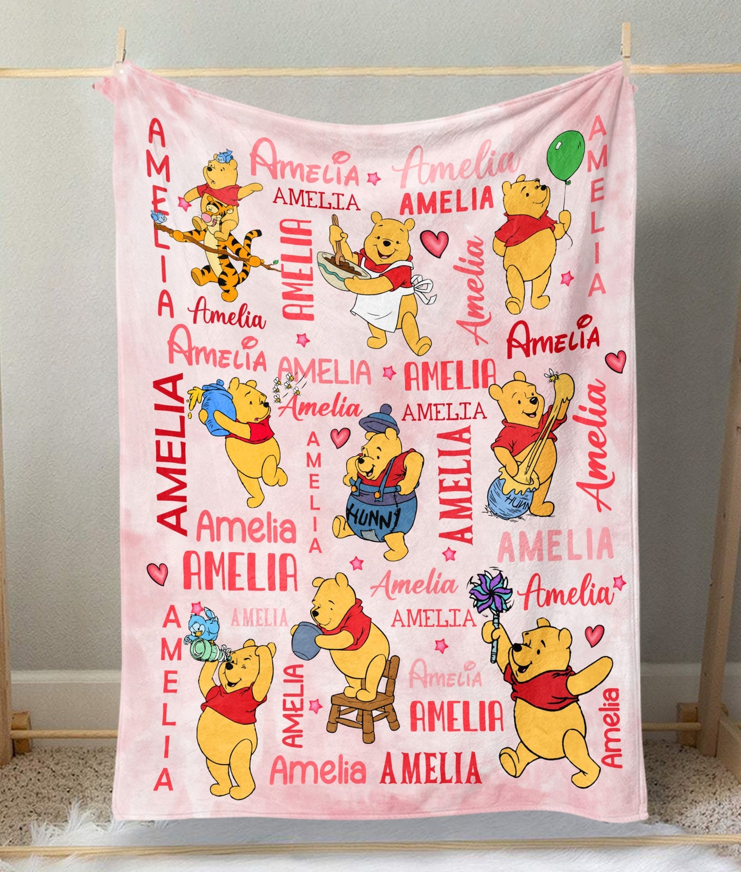 Personalized Name Watercolor Winnie The Pooh Bear Baby Blanket