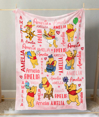 Personalized Name Watercolor Winnie The Pooh Bear Baby Blanket