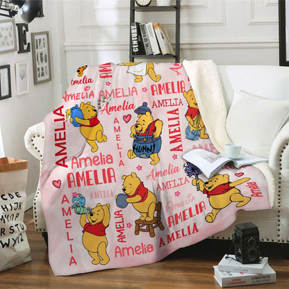 Personalized Name Watercolor Winnie The Pooh Bear Baby Blanket