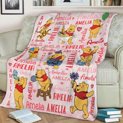 Personalized Name Watercolor Winnie The Pooh Bear Baby Blanket