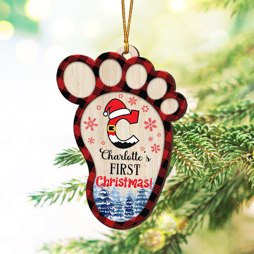 Personalized Babys Christmas Footprint Wooden Ornament