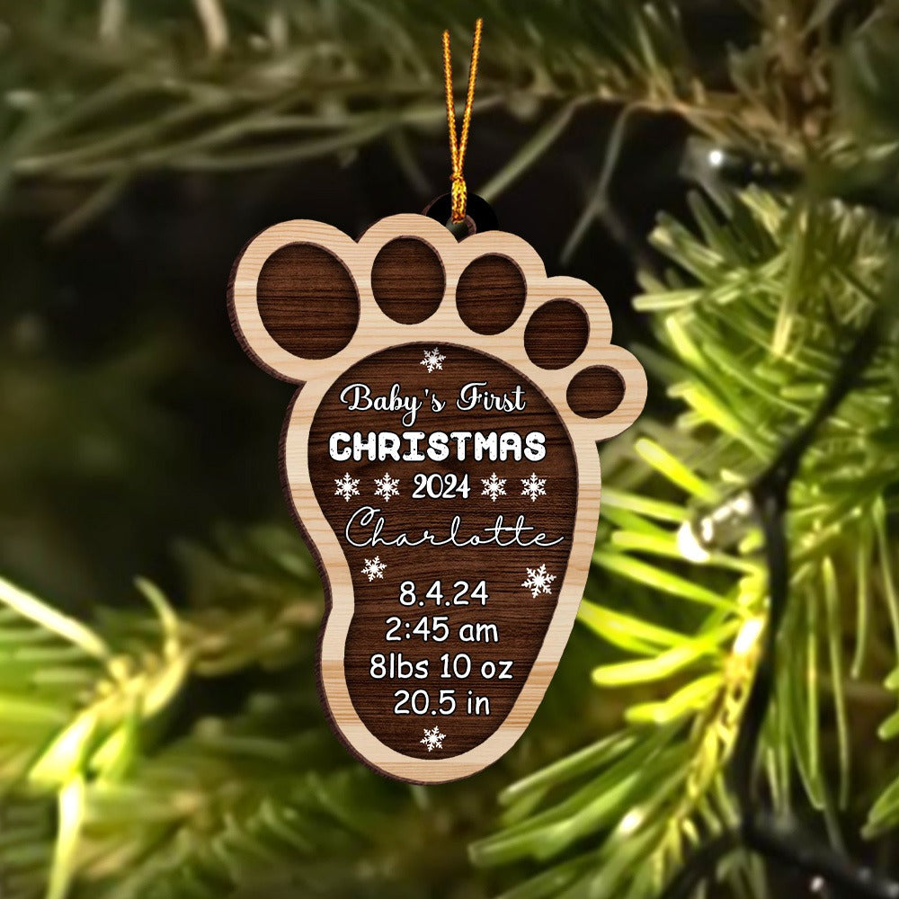 Personalized New Babys First Christmas Footprint  2-Layer Wooden Ornament