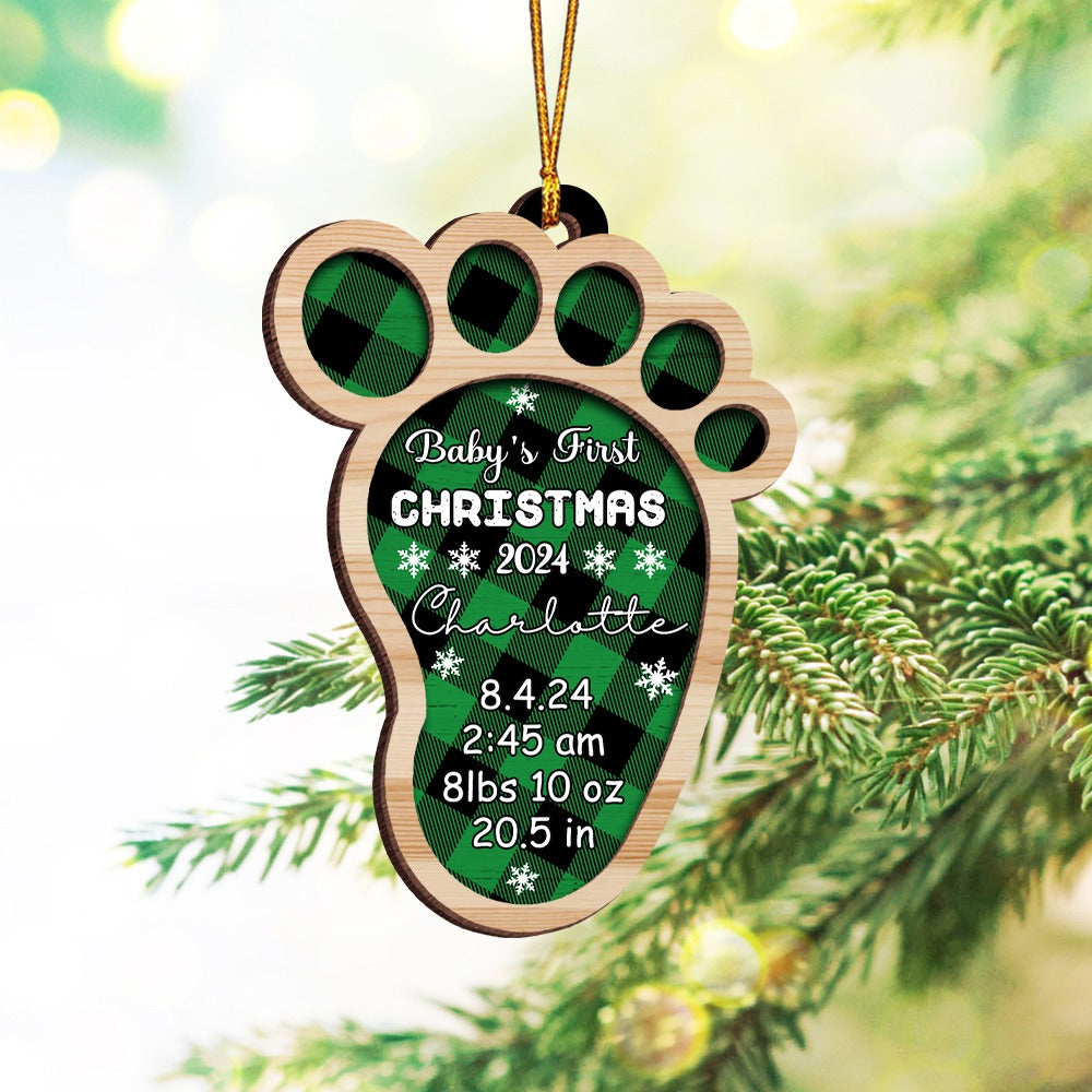 Personalized New Babys First Christmas Footprint  2-Layer Wooden Ornament