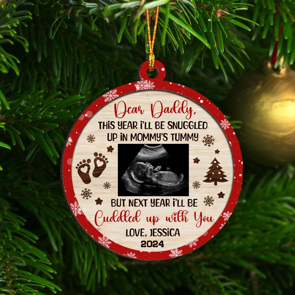 Personalized Baby Ultrasound Photo I'll Be Snuggled Up In Mommy's Tummy 2-Layer Wooden Ornament