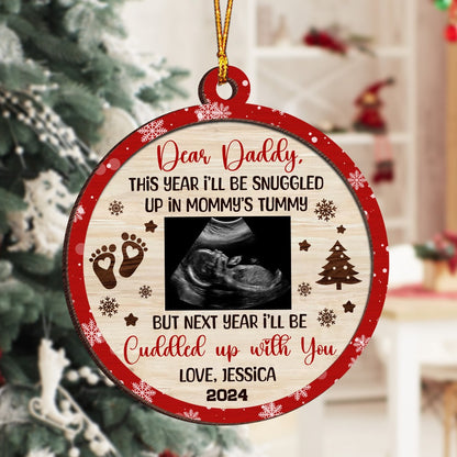 Personalized Baby Ultrasound Photo I'll Be Snuggled Up In Mommy's Tummy 2-Layer Wooden Ornament