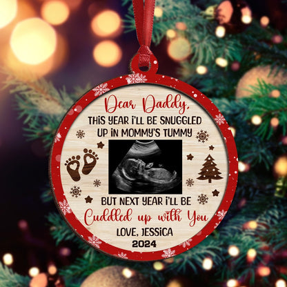 Personalized Baby Ultrasound Photo I'll Be Snuggled Up In Mommy's Tummy 2-Layer Wooden Ornament