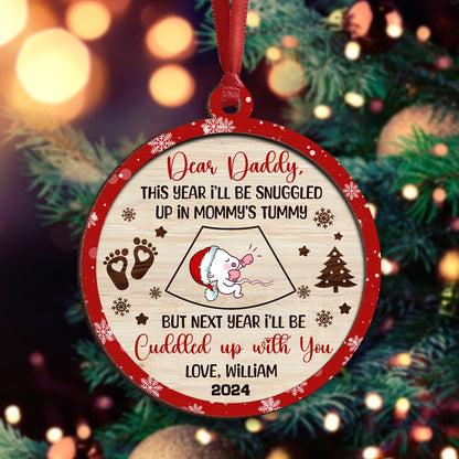 Personalized New Dad Gift From Baby Bump I'll Be Snuggled Up In Mommy's Tummy 2-Layer Wooden Ornament