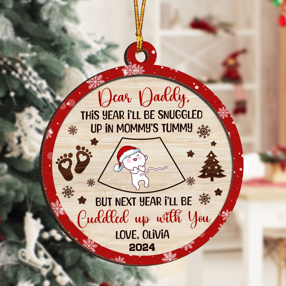 Personalized New Dad Gift From Baby Bump I'll Be Snuggled Up In Mommy's Tummy 2-Layer Wooden Ornament