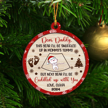 Personalized New Dad Gift From Baby Bump I'll Be Snuggled Up In Mommy's Tummy 2-Layer Wooden Ornament