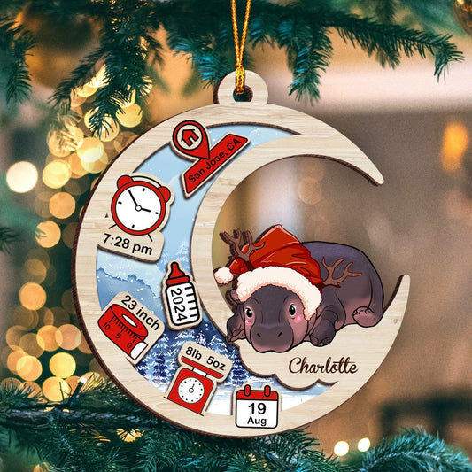 Personalized Newborn Baby Gif Hippo Moo Deng First Christmas 2-Layer Wooden Ornament