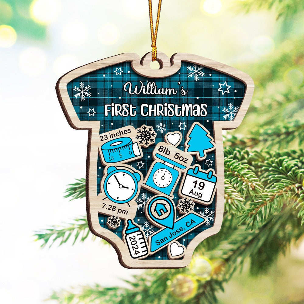Personalized Newborn Baby Gift, Baby's First Christmas 2-Layer Wooden Ornament