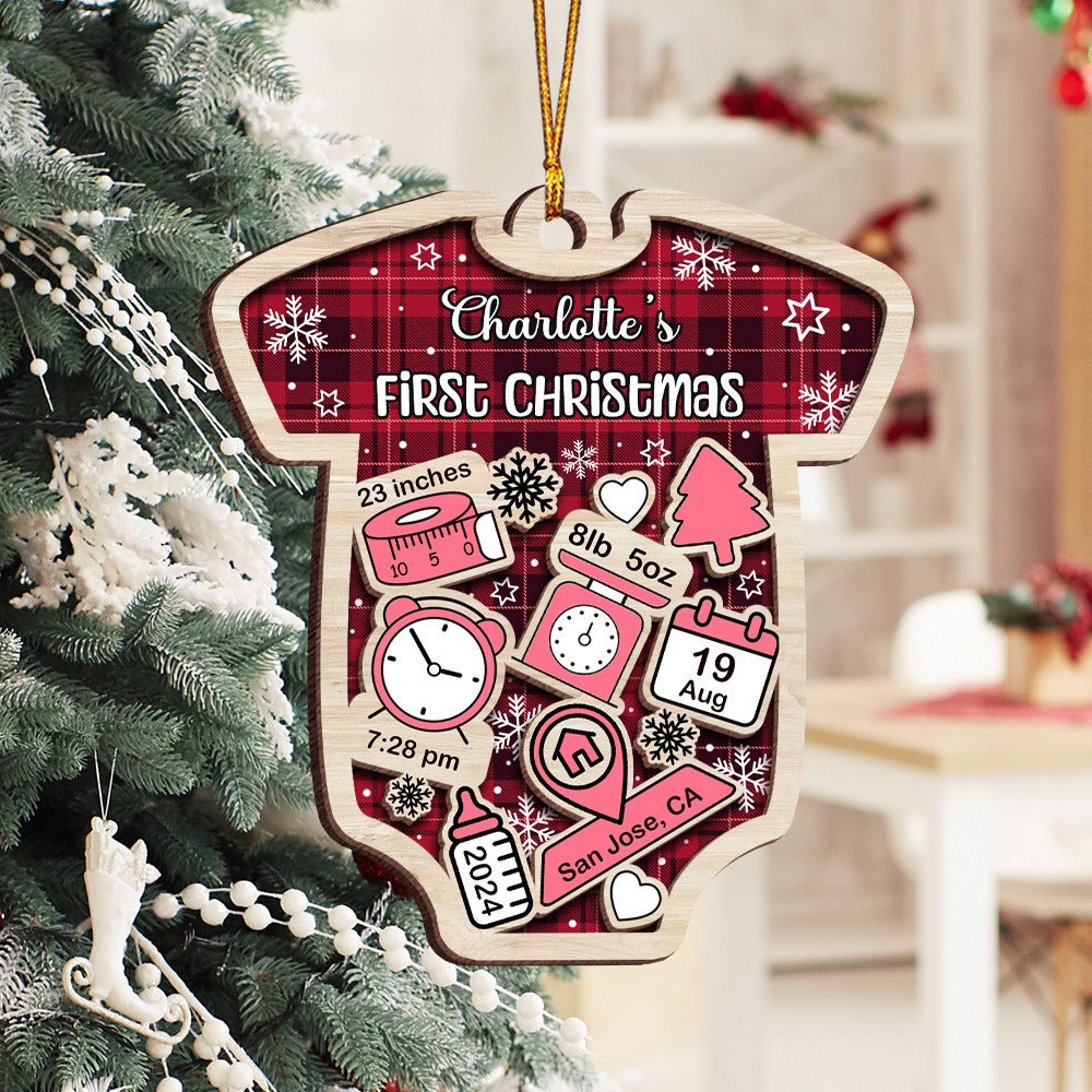 Personalized Newborn Baby Gift, Baby's First Christmas 2-Layer Wooden Ornament
