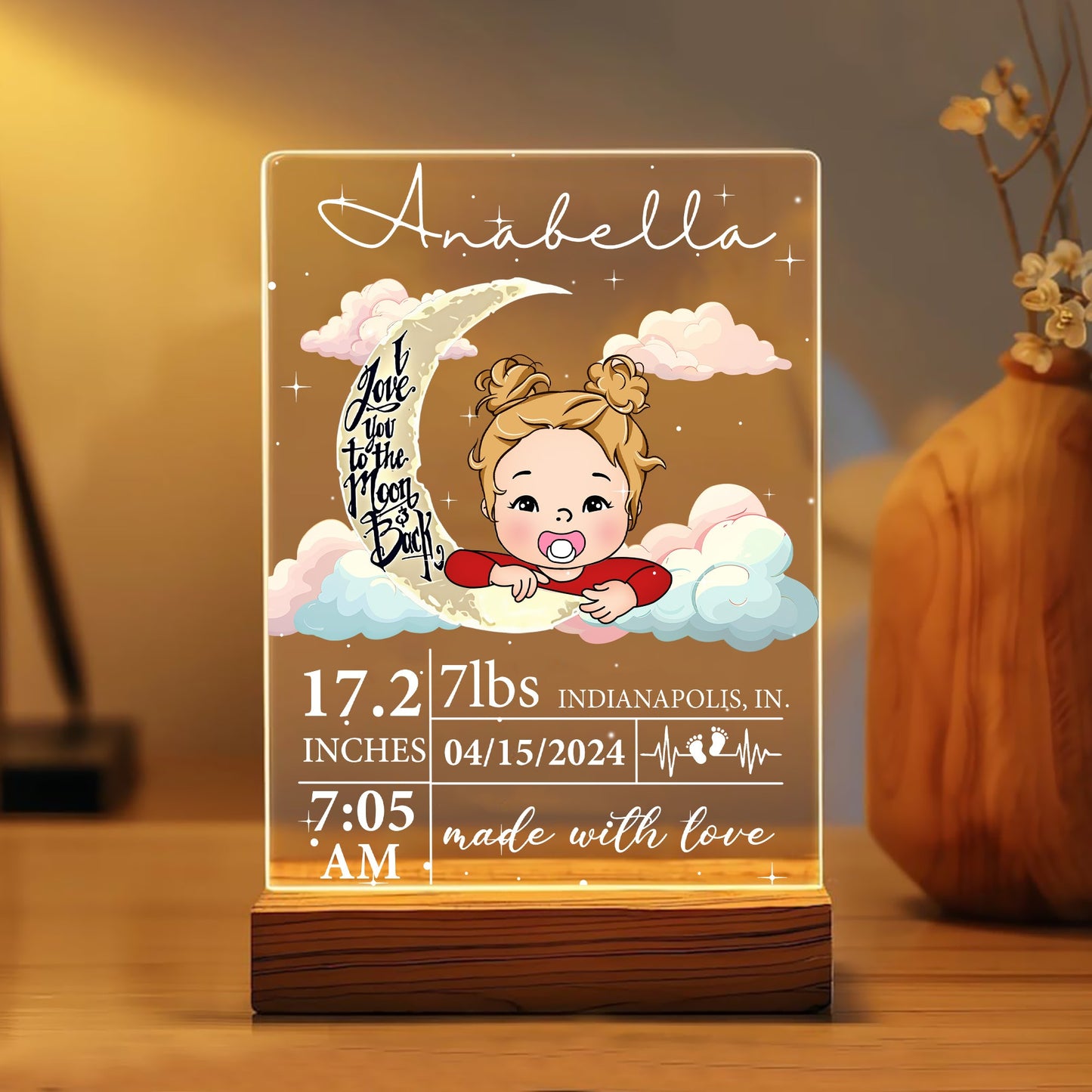 Personalized Newborn Baby I Love You To The Moon And Back Acrylic Plaque LED Light Night