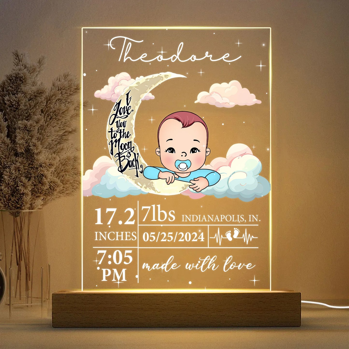Personalized Newborn Baby I Love You To The Moon And Back Acrylic Plaque LED Light Night