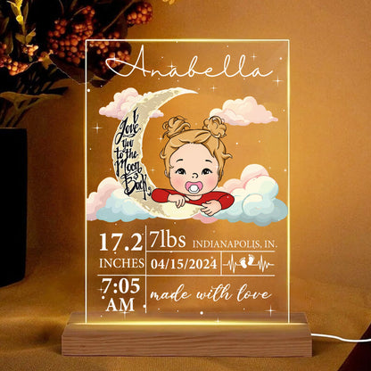 Personalized Newborn Baby I Love You To The Moon And Back Acrylic Plaque LED Light Night
