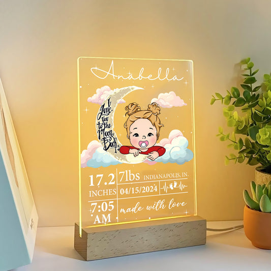 Personalized Newborn Baby I Love You To The Moon And Back Acrylic Plaque LED Light Night