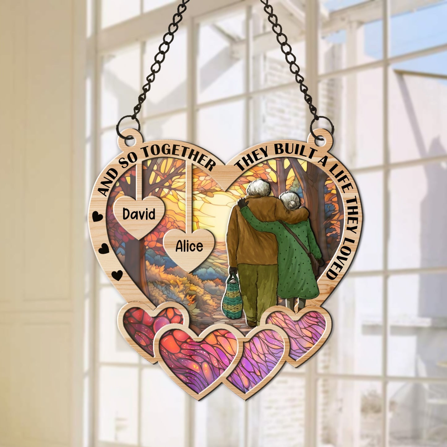 Personalized Old Couple And So Together They Built A Life That They Loved Hanging Suncatcher Ornament