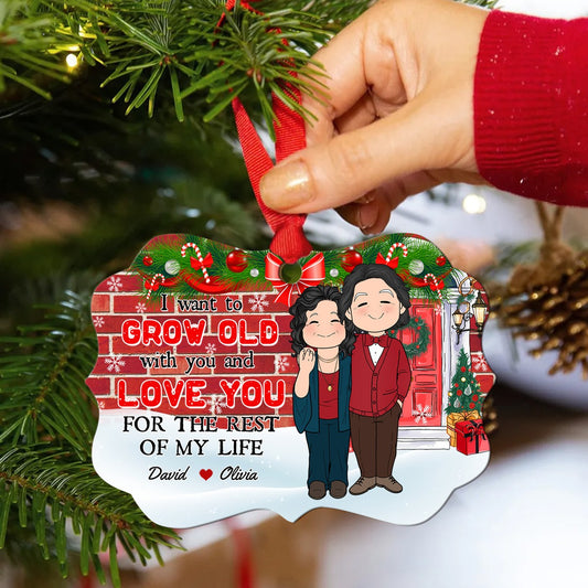 Personalized Old Couple I Want To Grow Old With You Christmas Aluminum Ornament