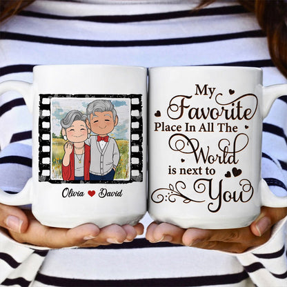 Personalized Old Couple My Favorite Place In All The World Is Next To You White Mug