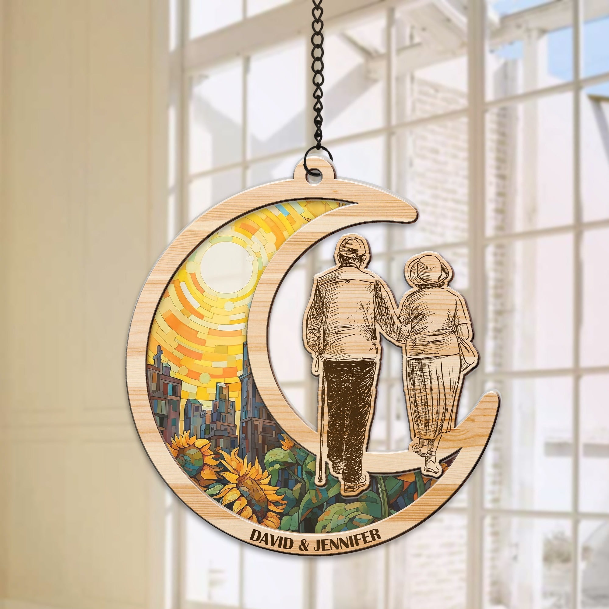 Personalized Old Couple Together Hanging Suncatcher Ornament