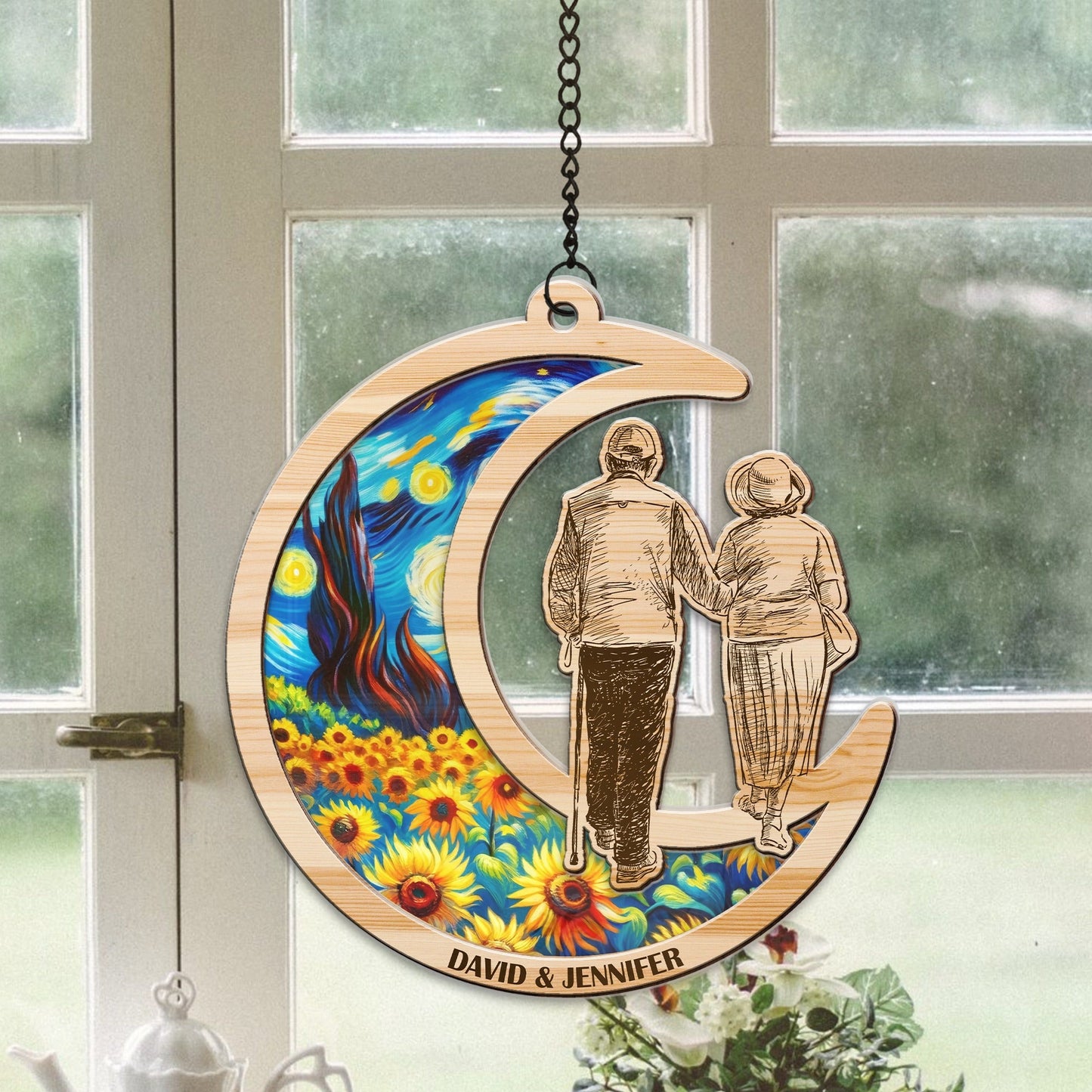 Personalized Old Couple Together Hanging Suncatcher Ornament