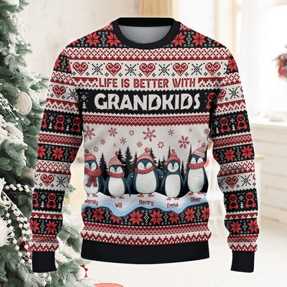 Personalized Penguins Christmas Life is Better with Grandkids Ugly Sweatshirt