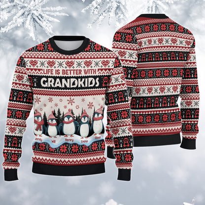 Personalized Penguins Christmas Life is Better with Grandkids Ugly Sweatshirt