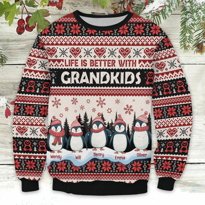 Personalized Penguins Christmas Life is Better with Grandkids Ugly Sweatshirt