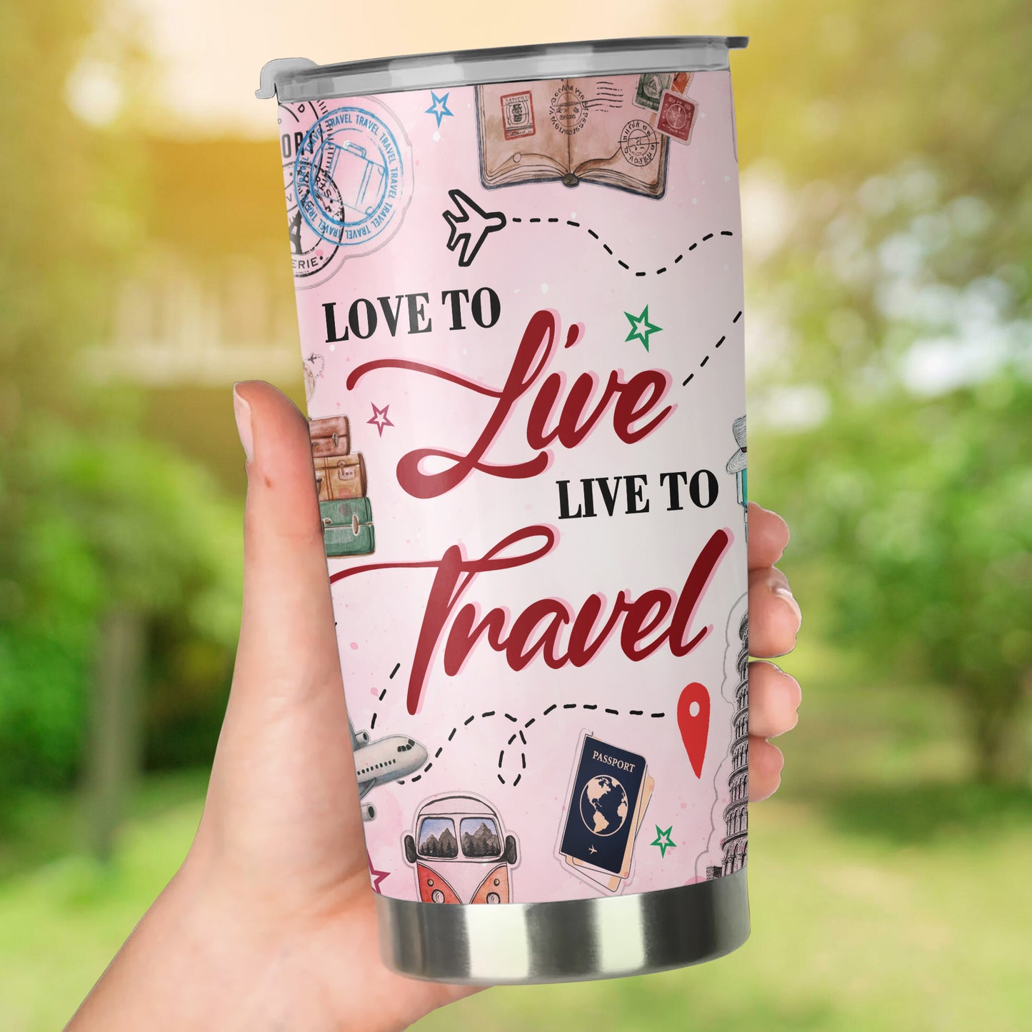 Personalized Photo Love To Live Live To Travel Stainless Steel Tumbler, Travel Lover Tumbler