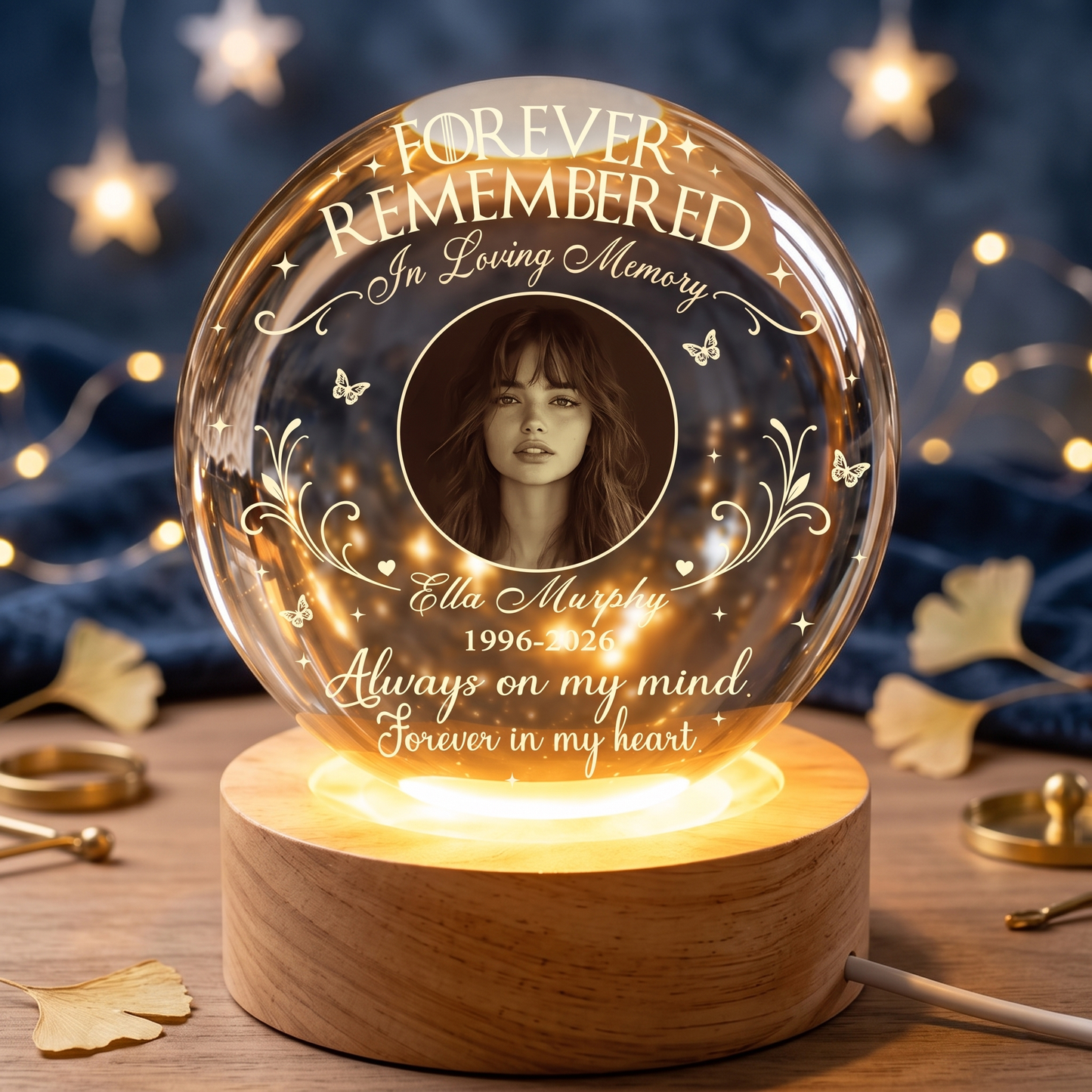 Personalized Photo Memorial Forever Remembered In Loving Memory Crystal Ball Night Light