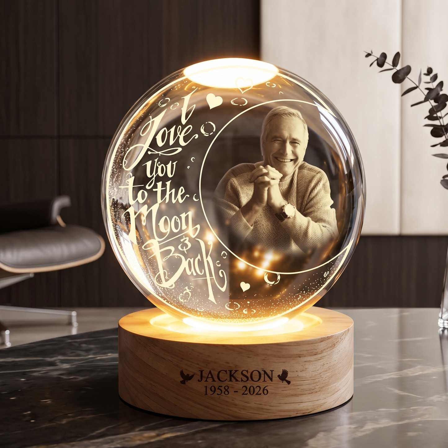 Personalized Photo Memorial I Love You To The Moon And Back Crystal Ball Night Light