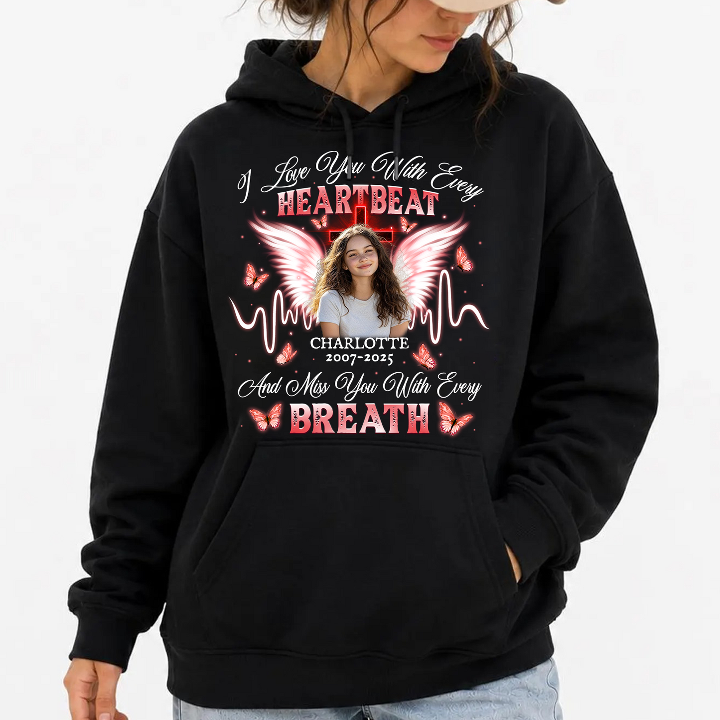 Personalized Photo Memorial I Love You With Every Heartbeat Hoodie