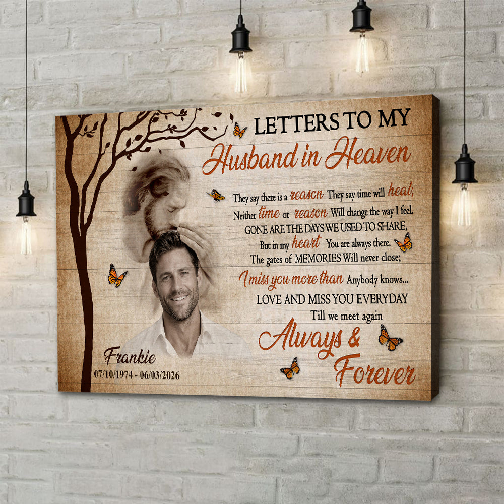 Personalized Photo Memorial Letters To My Husband In Heaven Safe In God Is Hand Poster Canvas
