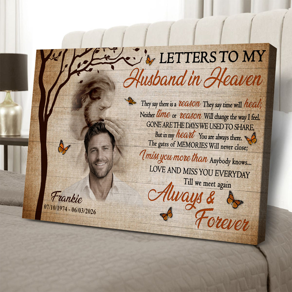 Personalized Photo Memorial Letters To My Husband In Heaven Safe In God Is Hand Poster Canvas