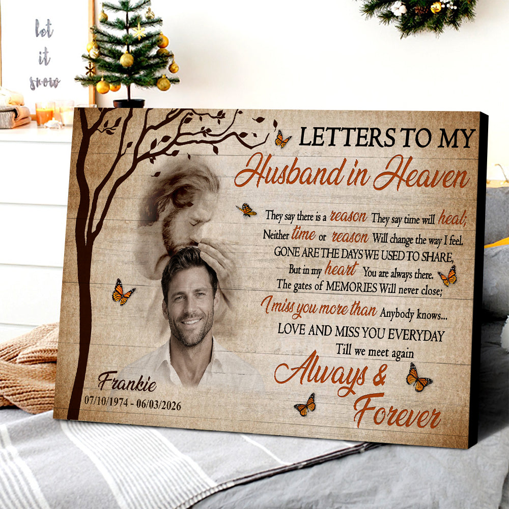 Personalized Photo Memorial Letters To My Husband In Heaven Safe In God Is Hand Poster Canvas