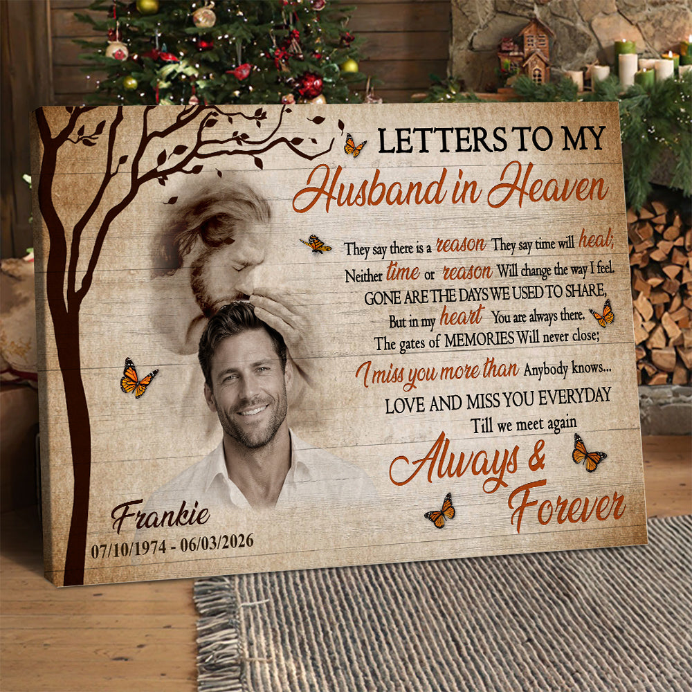 Personalized Photo Memorial Letters To My Husband In Heaven Safe In God Is Hand Poster Canvas