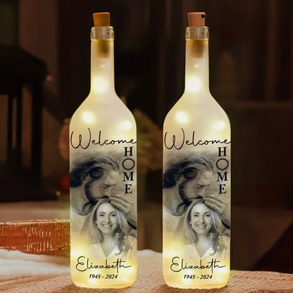 Personalized Photo Memorial Welcome Home Safe In Arms Of Jesus, Sympathy Gift Loss Loved One Bottle Lamp