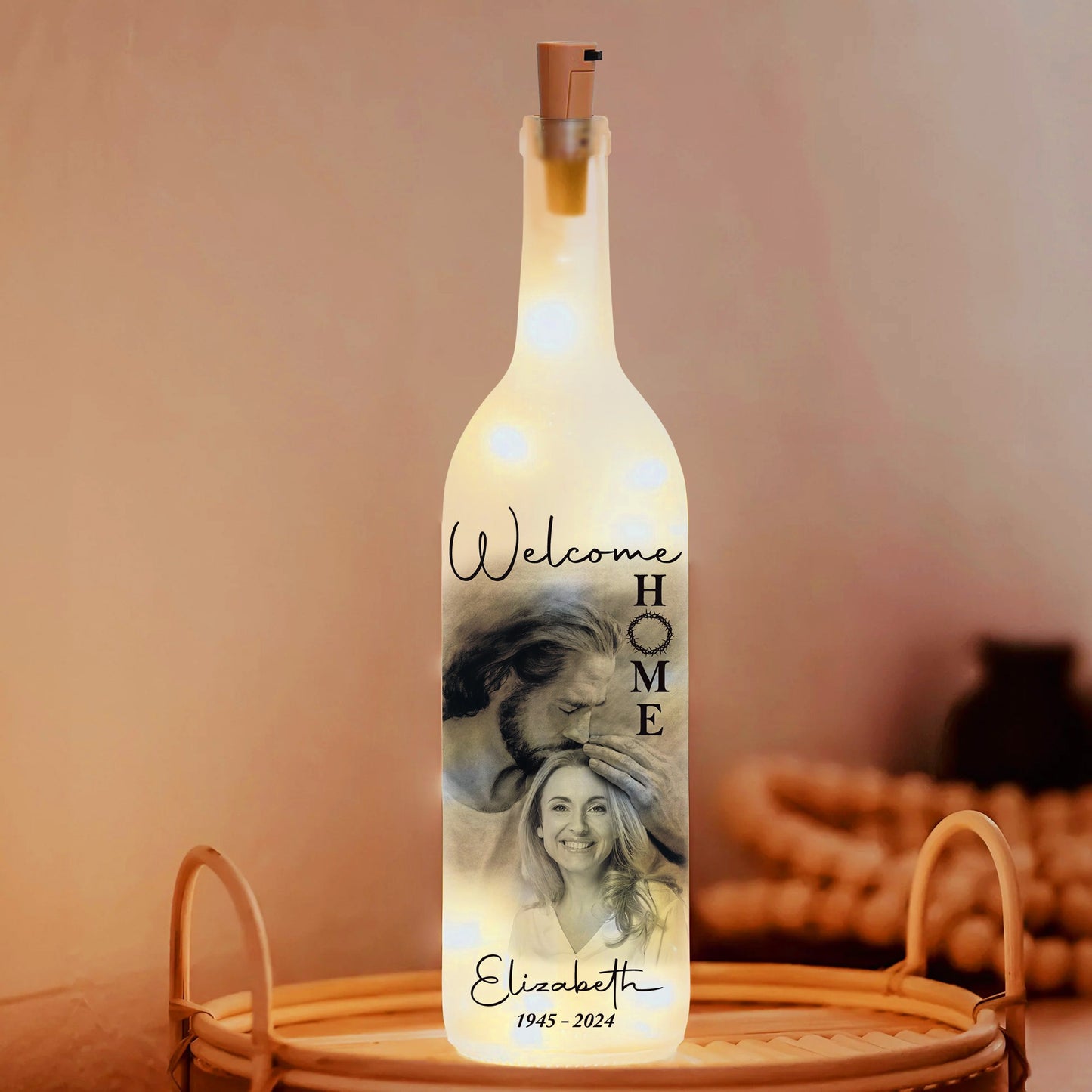 Personalized Photo Memorial Welcome Home Safe In Arms Of Jesus, Sympathy Gift Loss Loved One Bottle Lamp