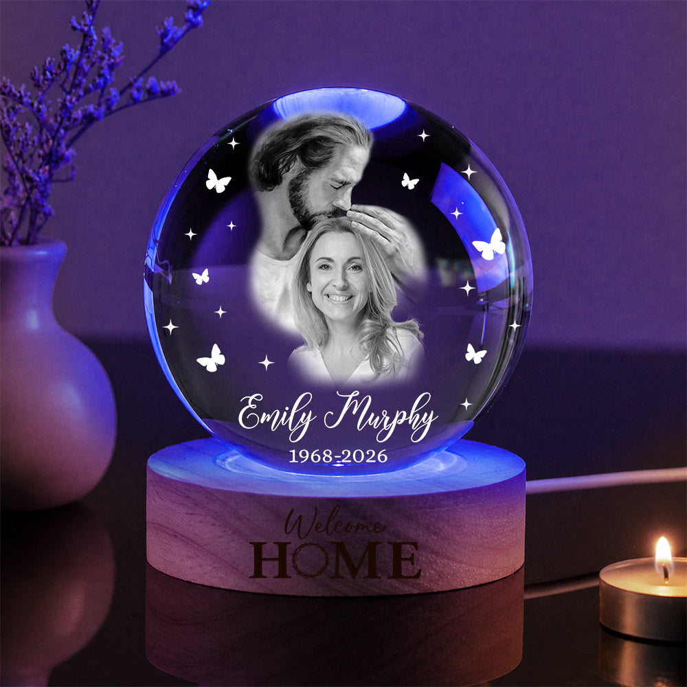 Personalized Photo Memorial Welcome Home Safe in Arms of Jesus Crystal Ball Night Light