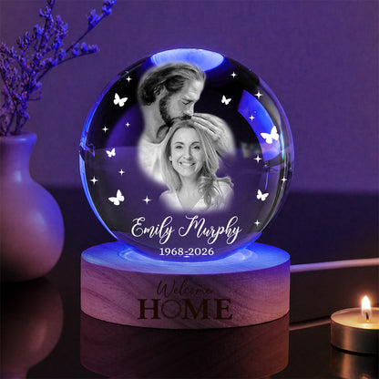 Personalized Photo Memorial Welcome Home Safe in Arms of Jesus Crystal Ball Night Light