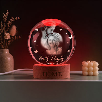 Personalized Photo Memorial Welcome Home Safe in Arms of Jesus Crystal Ball Night Light